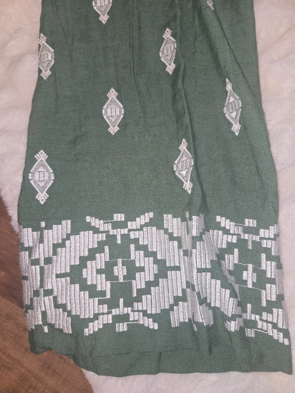 Zara Linen Green Embroidered Wide-Leg Resort [Medium] Pants Beach Tropical